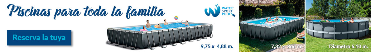 Banner promocional de piscinas desmontables de hasta 9,75 m